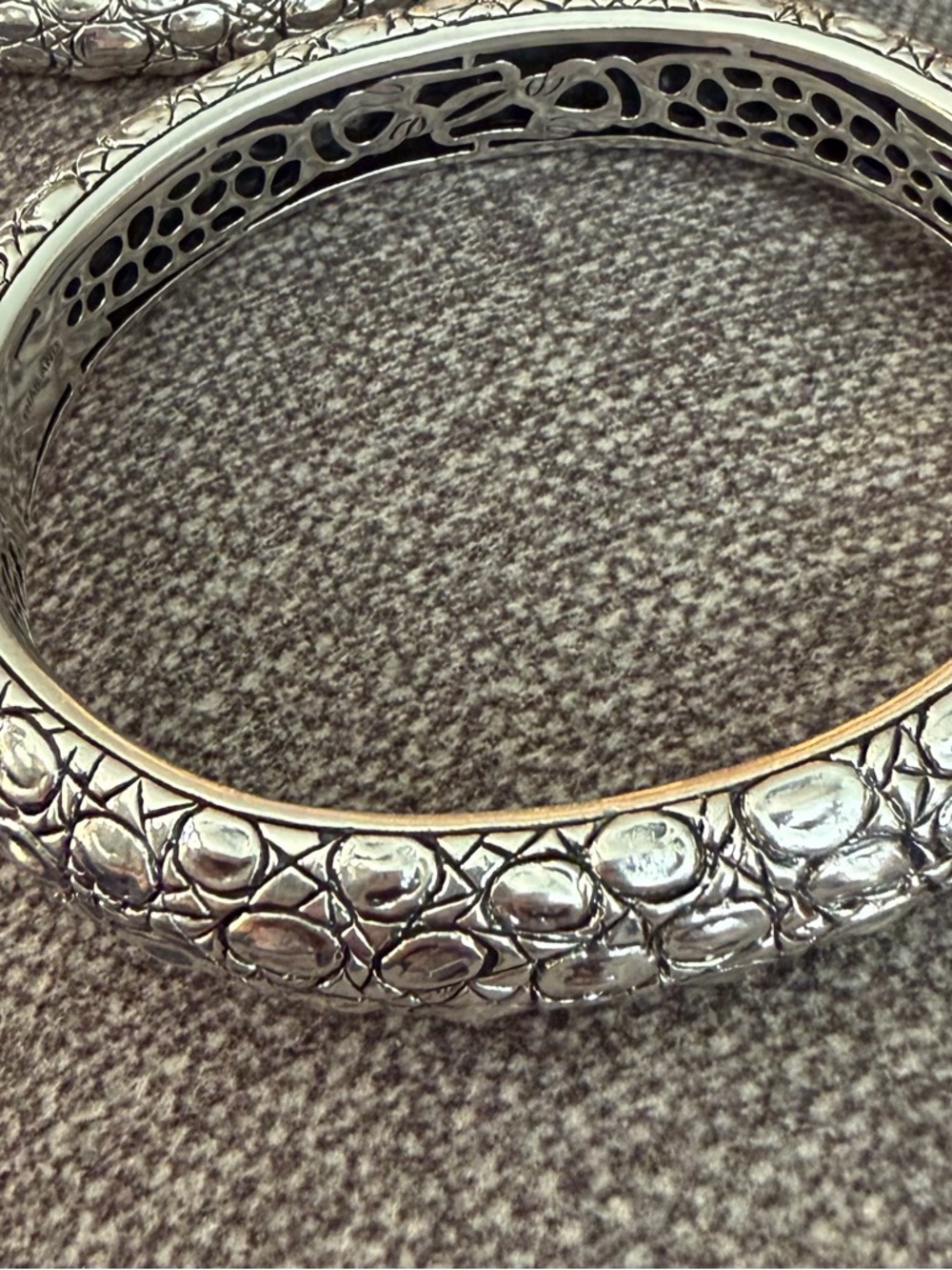 Jai/John Hardy Sterling Textured thick bangle bracelet, 1/2”W, size large.